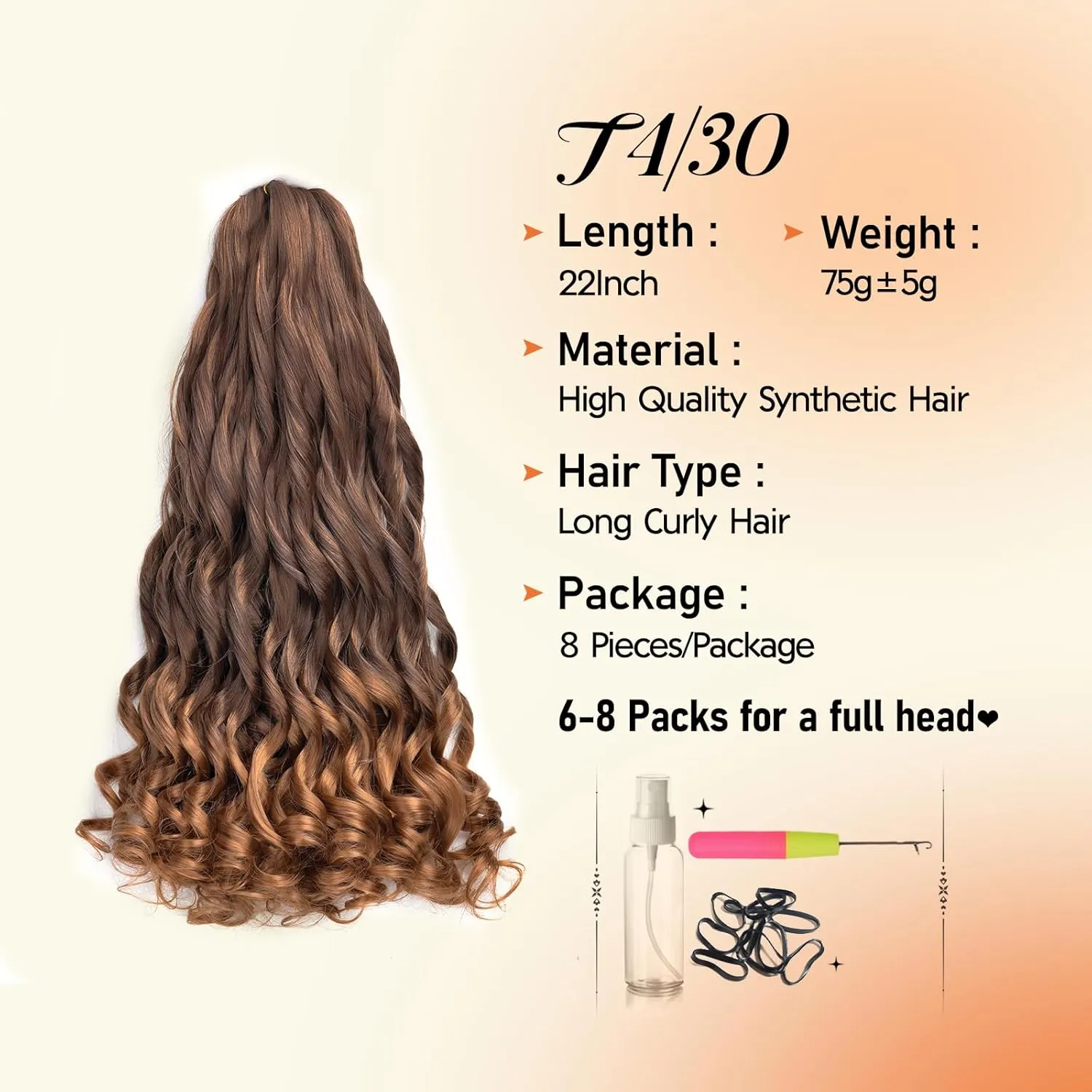 French Curl Braiding Hair 8 Packs 22 Inch Pre Stretched Synthetic Spiral Curly Crochet Ombre Braiding Hair 75g/Pack French Curl Hair Extensions for Black Women (22 Inch,8 Packs,T4/30)