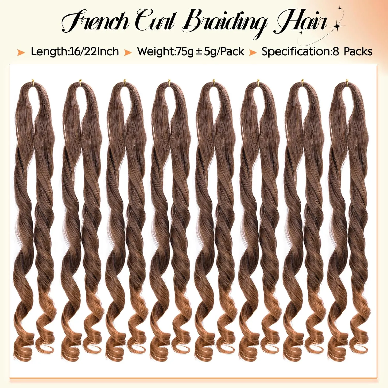 French Curl Braiding Hair 8 Packs 22 Inch Pre Stretched Synthetic Spiral Curly Crochet Ombre Braiding Hair 75g/Pack French Curl Hair Extensions for Black Women (22 Inch,8 Packs,T4/30)