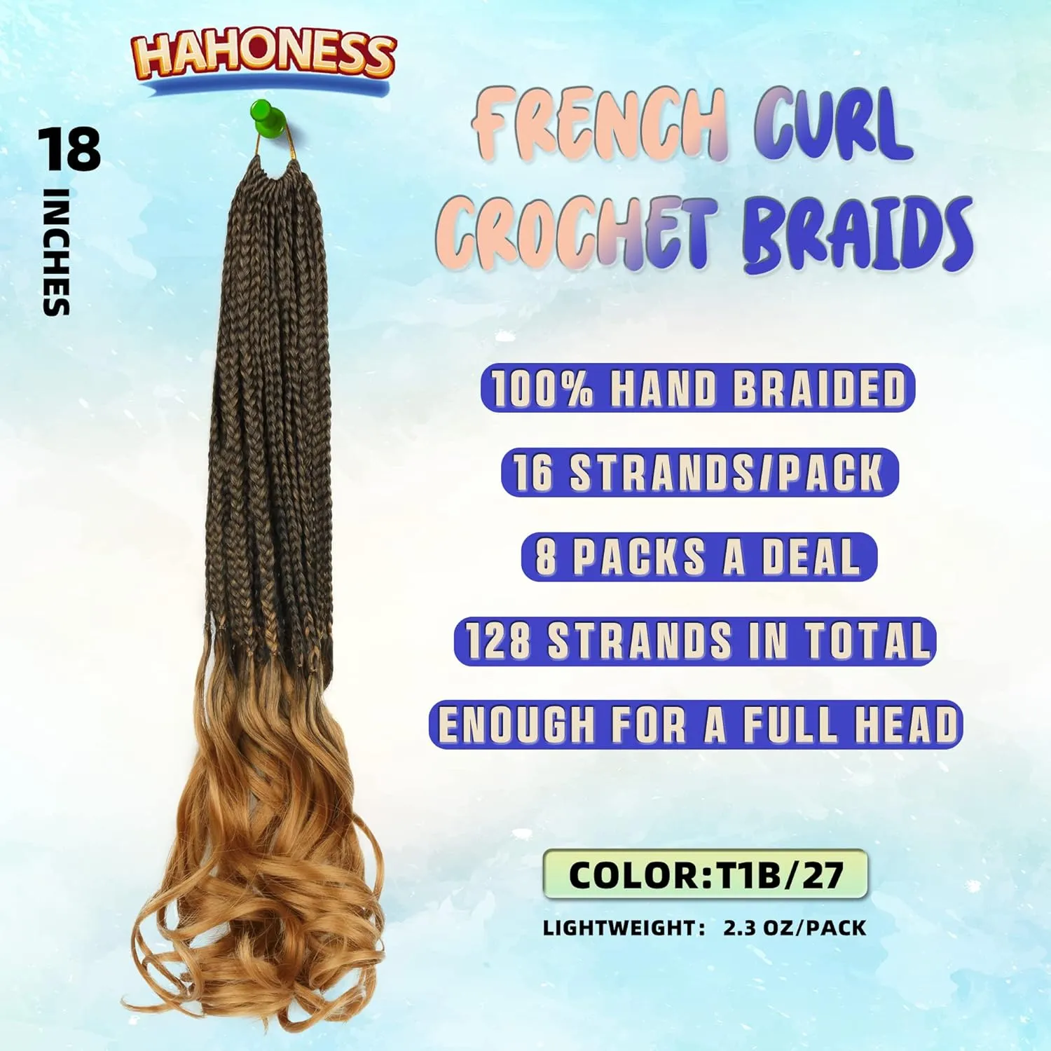 French Curl Crochet Braids for Black Women-18 Inches 8 Packs Goddess Box Braids,Ombre Blonde Soft Pre Looped Braided Synthetic Hair Extensions with Curly Wavy Ends(18"-8 Packs,T1B/27)