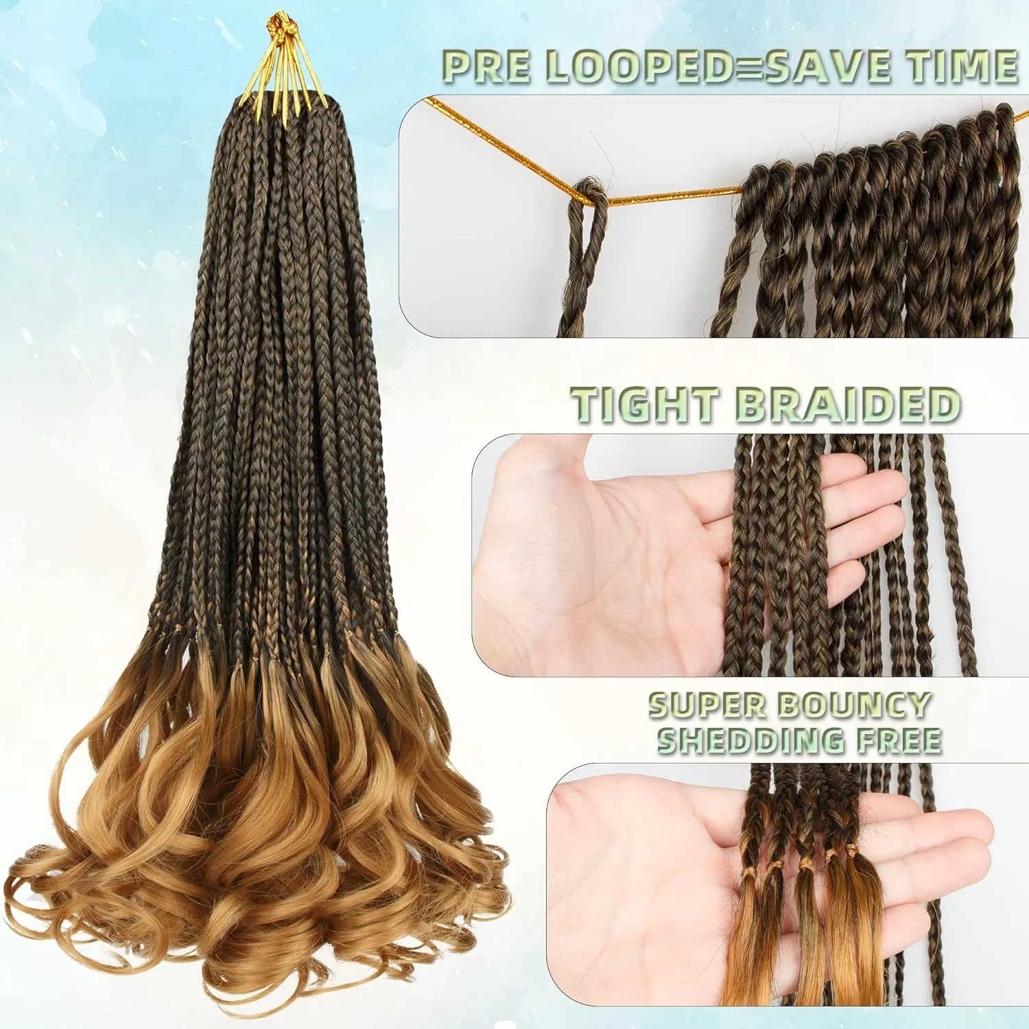 French Curl Crochet Braids for Black Women-18 Inches 8 Packs Goddess Box Braids,Ombre Blonde Soft Pre Looped Braided Synthetic Hair Extensions with Curly Wavy Ends(18"-8 Packs,T1B/27)