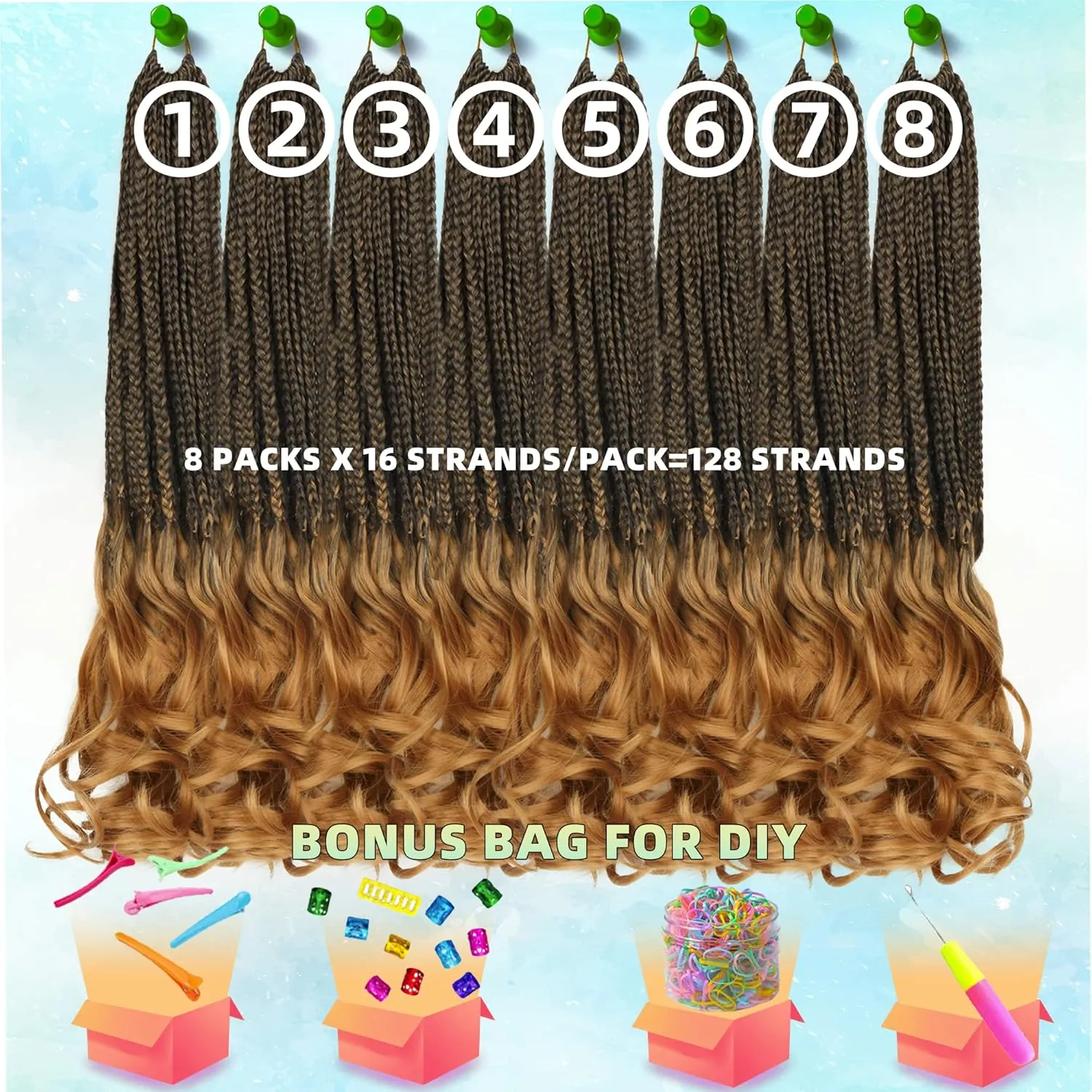 French Curl Crochet Braids for Black Women-18 Inches 8 Packs Goddess Box Braids,Ombre Blonde Soft Pre Looped Braided Synthetic Hair Extensions with Curly Wavy Ends(18"-8 Packs,T1B/27)