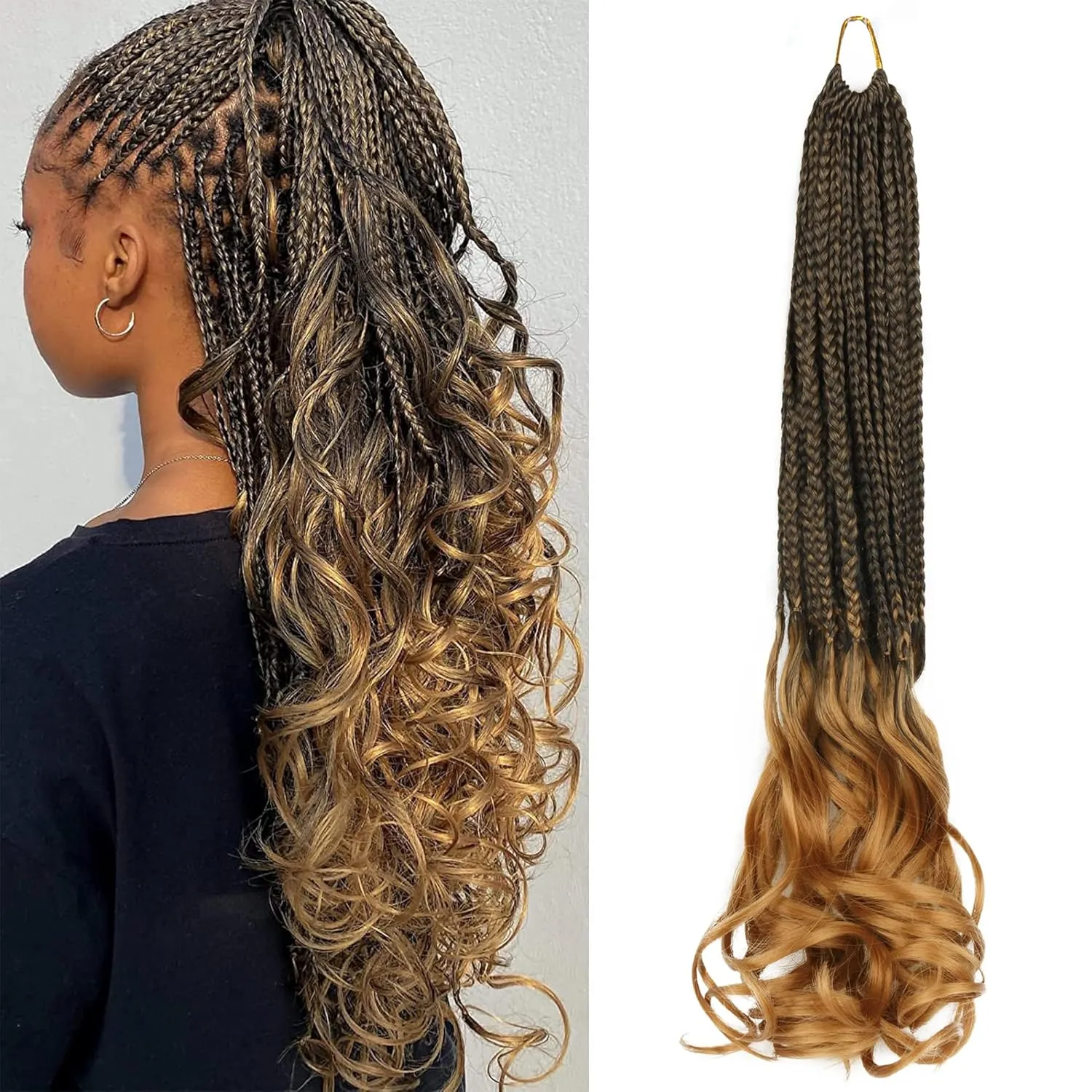 French Curl Crochet Braids for Black Women-18 Inches 8 Packs Goddess Box Braids,Ombre Blonde Soft Pre Looped Braided Synthetic Hair Extensions with Curly Wavy Ends(18"-8 Packs,T1B/27)