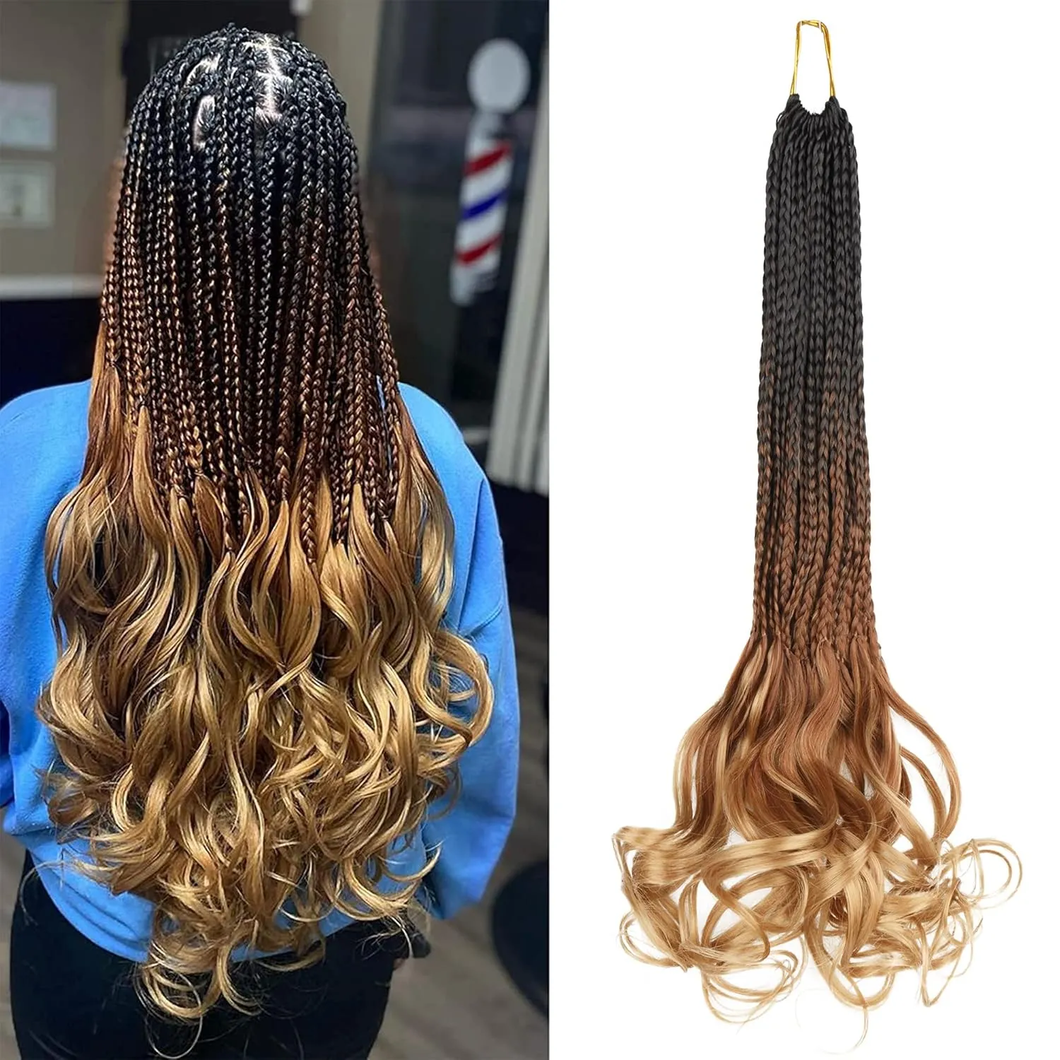 French Curl Crochet Braids for Black Women-18 Inches 8 Packs Goddess Box Braids,Ombre Brown to Blonde Soft Pre Looped Braided Synthetic Hair Extensions with Curly Wavy Ends(18"-8 Packs,T1B/30/27)