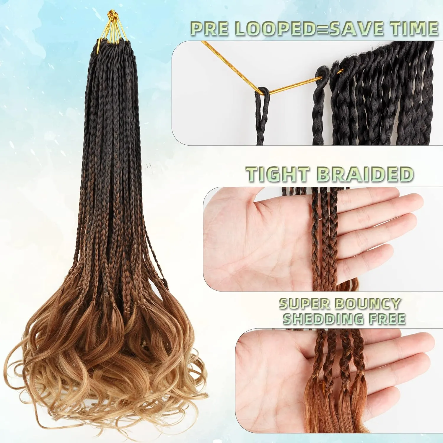 French Curl Crochet Braids for Black Women-18 Inches 8 Packs Goddess Box Braids,Ombre Brown to Blonde Soft Pre Looped Braided Synthetic Hair Extensions with Curly Wavy Ends(18"-8 Packs,T1B/30/27)