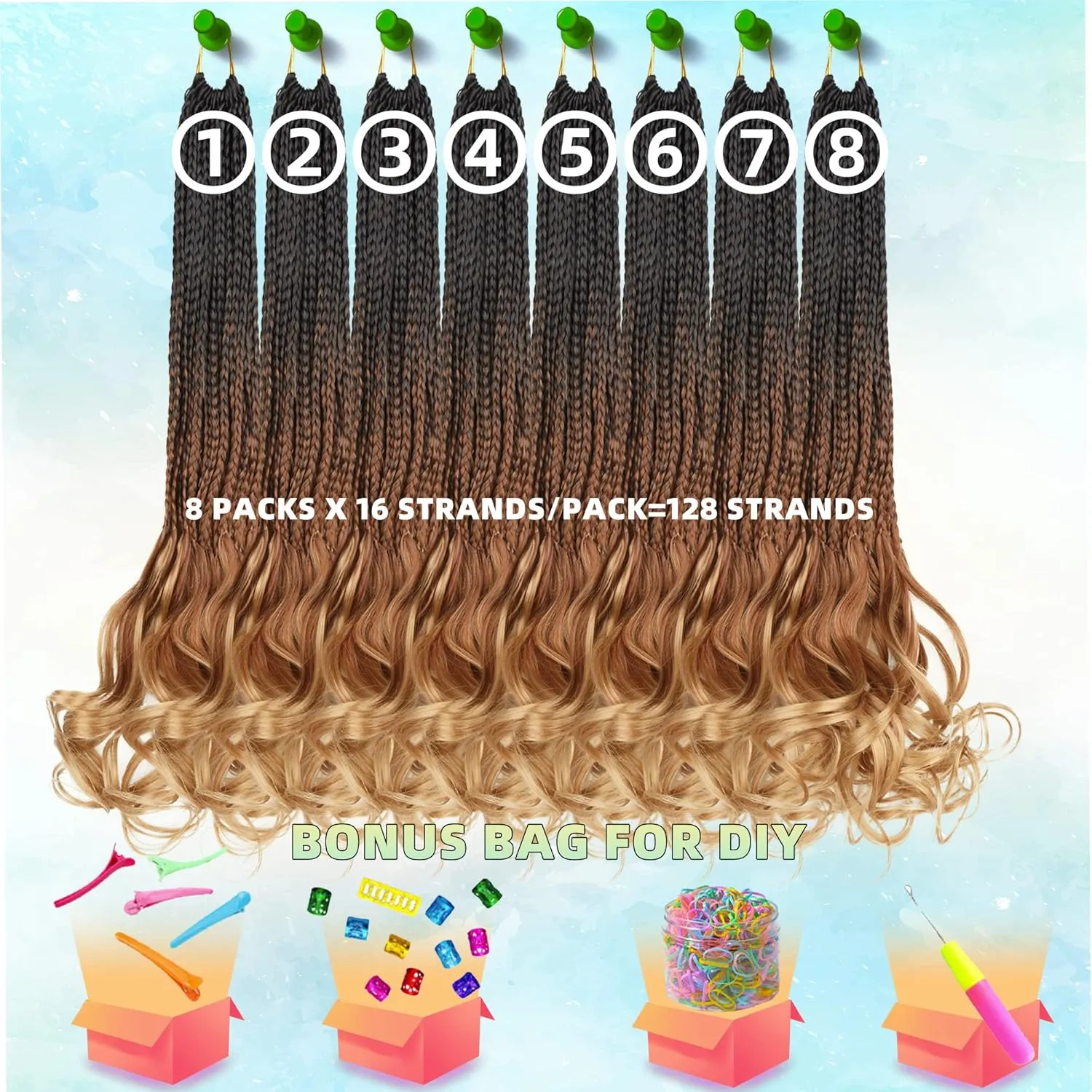 French Curl Crochet Braids for Black Women-18 Inches 8 Packs Goddess Box Braids,Ombre Brown to Blonde Soft Pre Looped Braided Synthetic Hair Extensions with Curly Wavy Ends(18"-8 Packs,T1B/30/27)