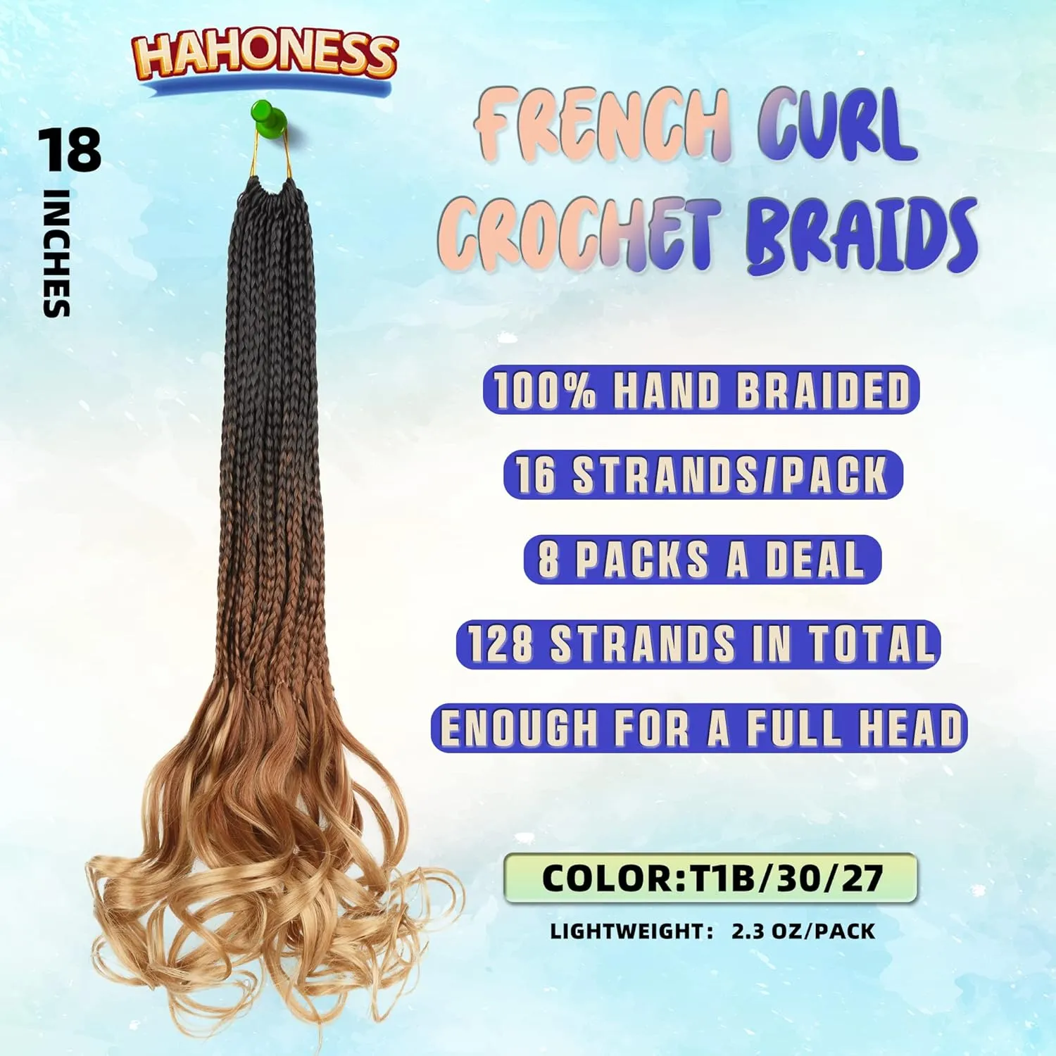 French Curl Crochet Braids for Black Women-18 Inches 8 Packs Goddess Box Braids,Ombre Brown to Blonde Soft Pre Looped Braided Synthetic Hair Extensions with Curly Wavy Ends(18"-8 Packs,T1B/30/27)