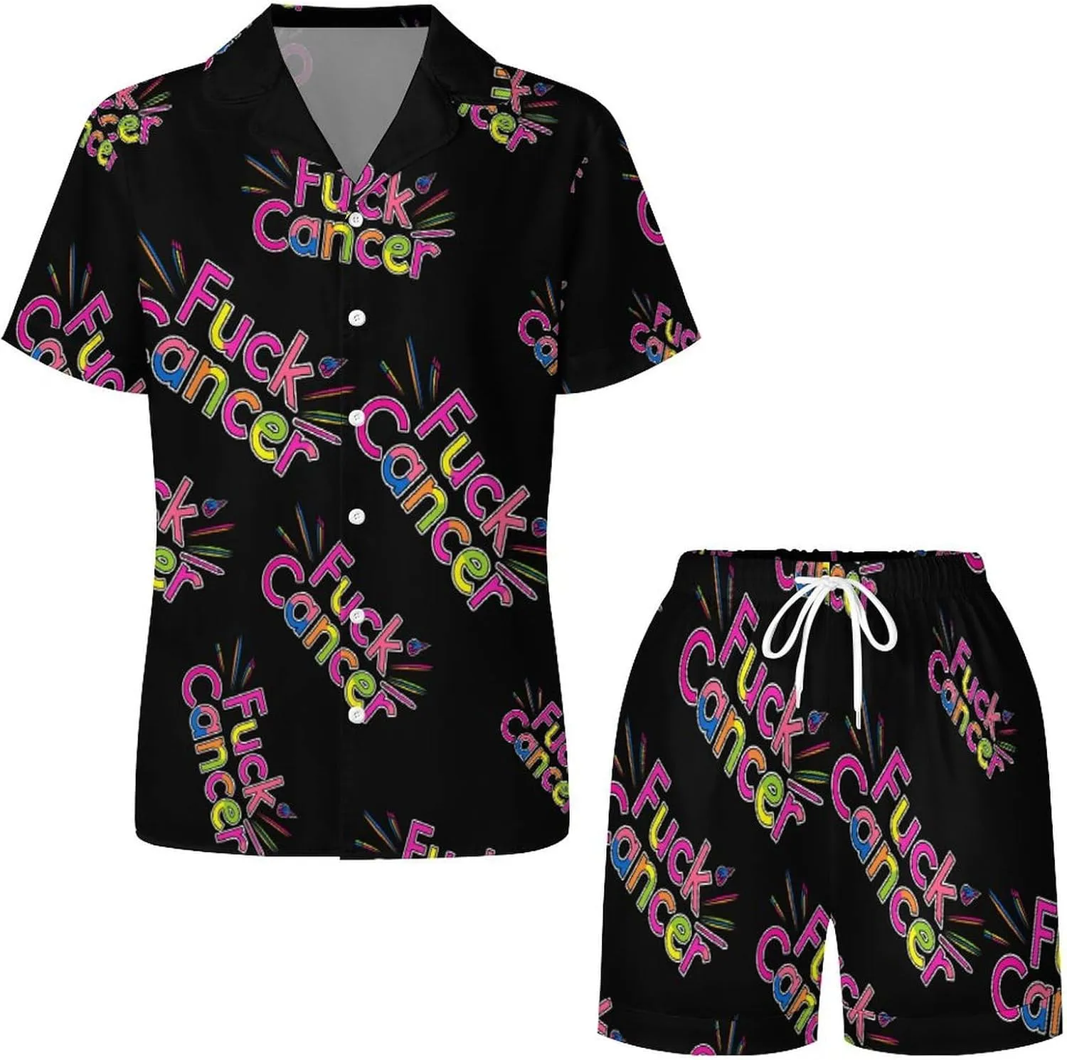 Fuck Cancer Awareness Women's Satin Pajama Set Short Sleeve Button Down Sleepwear Loungewear Pj Set