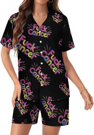 Fuck Cancer Awareness Women's Satin Pajama Set Short Sleeve Button Down Sleepwear Loungewear Pj Set