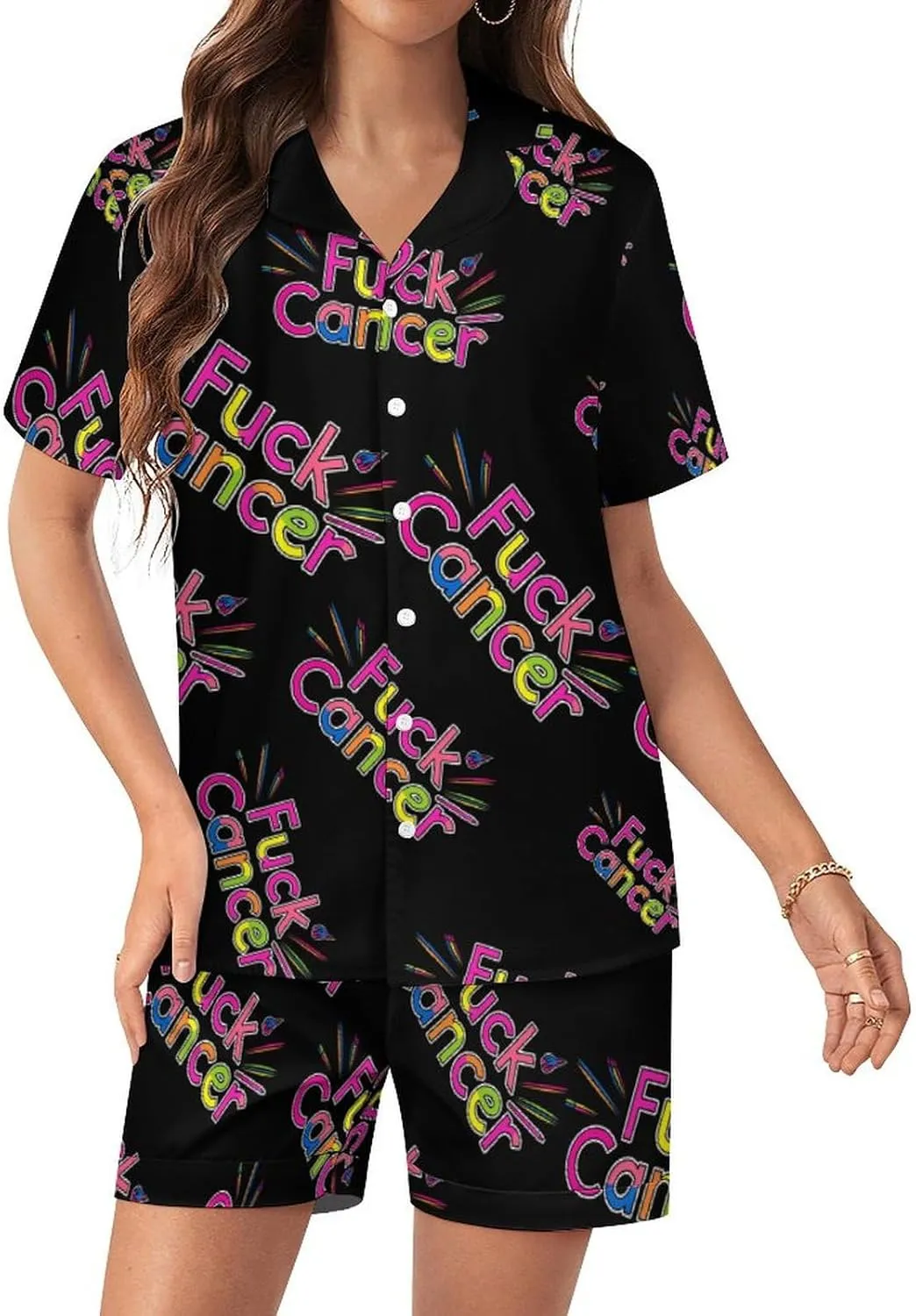 Fuck Cancer Awareness Women's Satin Pajama Set Short Sleeve Button Down Sleepwear Loungewear Pj Set