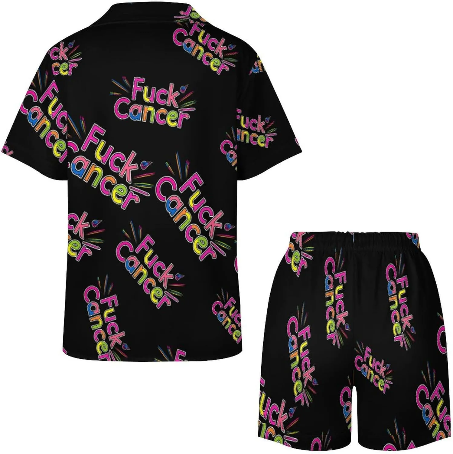 Fuck Cancer Awareness Women's Satin Pajama Set Short Sleeve Button Down Sleepwear Loungewear Pj Set