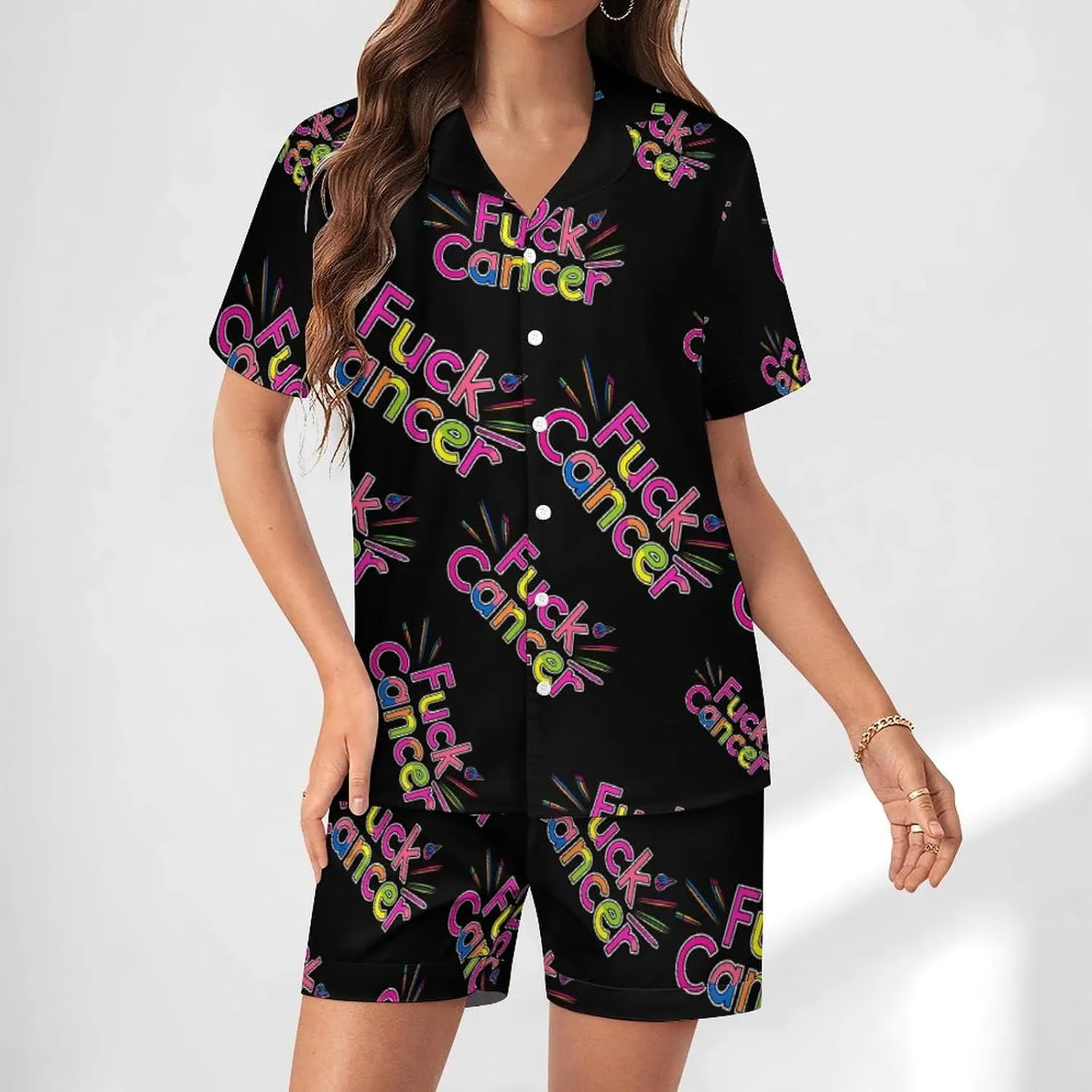 Fuck Cancer Awareness Women's Satin Pajama Set Short Sleeve Button Down Sleepwear Loungewear Pj Set
