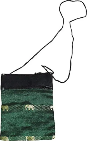 Full Funk Mid Size Thai Silk Shoulder Pouch Bag, 4x5.5inch, Forest Green