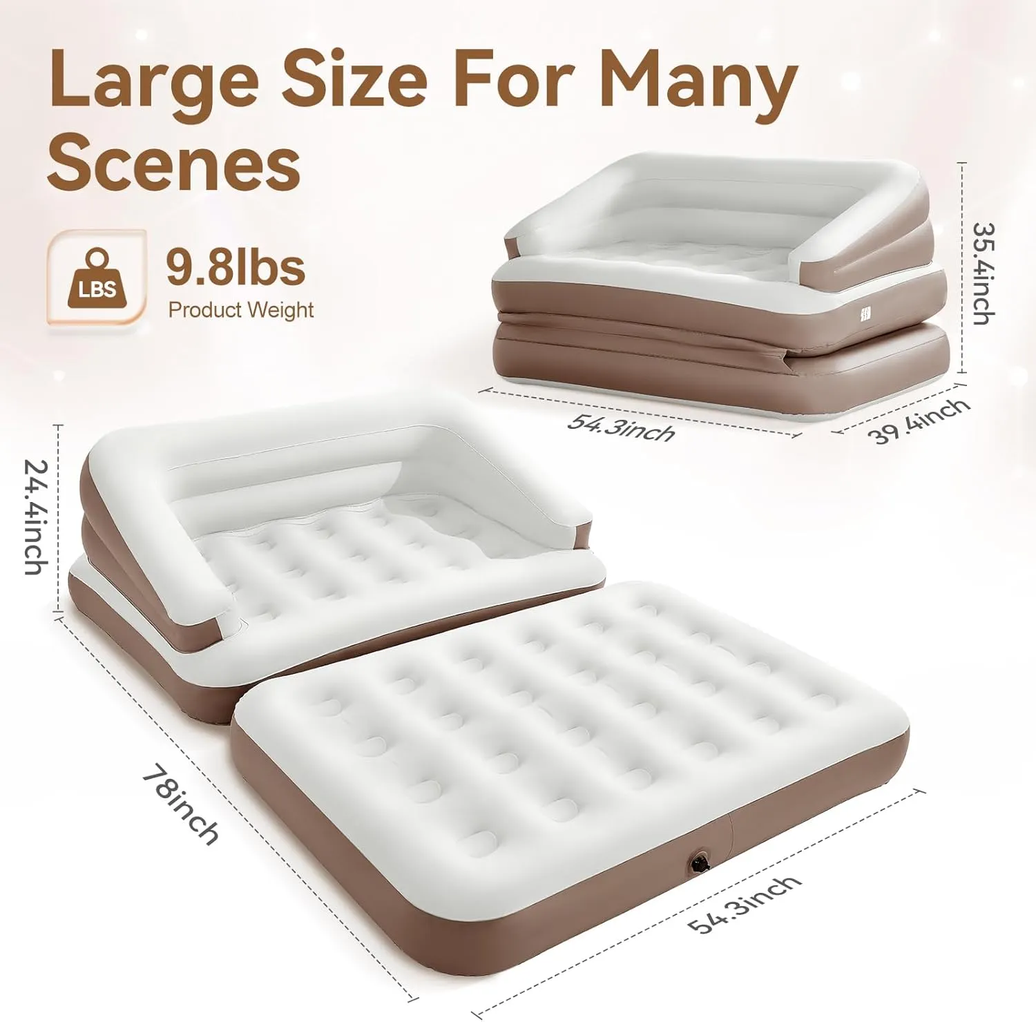 Full Size Air Mattress for Inflatable-Portable Blow Up Mattress Sofa Bed with Flocked top-Double Air Couch for Tent Camping/Car Travel Backpacking/Family Leisure(Pebble Brown)