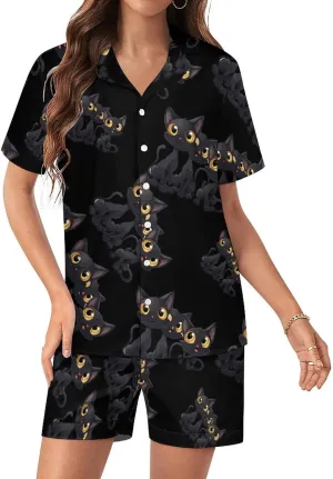 Funny Cute Black Cat Women's Satin Pajama Set Short Sleeve Button Down Sleepwear Loungewear Pj Set