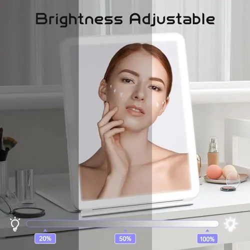 FUNTOUCH Large Rechargeable Travel Makeup Mirror with Light, Portable Makeup Mirror with 10X Magnifying Mirror 3 Lighting Modes, Dimmable Touch Screen, Tabletop Folding Travel Mirror with Storage Bag