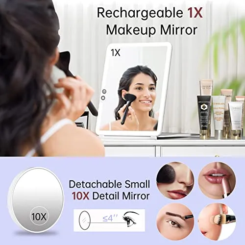 FUNTOUCH Large Rechargeable Travel Makeup Mirror with Light, Portable Makeup Mirror with 10X Magnifying Mirror 3 Lighting Modes, Dimmable Touch Screen, Tabletop Folding Travel Mirror with Storage Bag