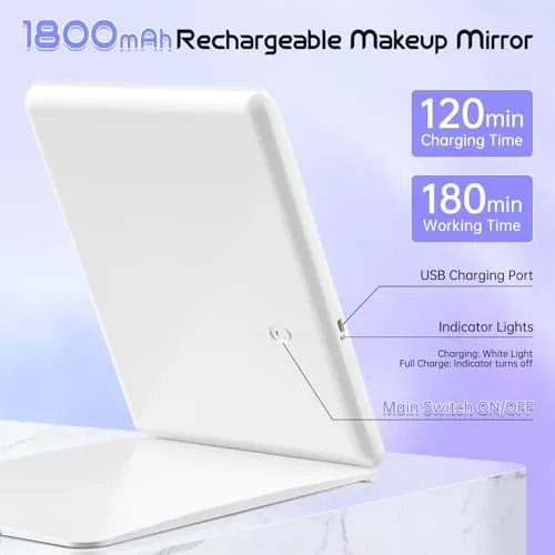 FUNTOUCH Large Rechargeable Travel Makeup Mirror with Light, Portable Makeup Mirror with 10X Magnifying Mirror 3 Lighting Modes, Dimmable Touch Screen, Tabletop Folding Travel Mirror with Storage Bag