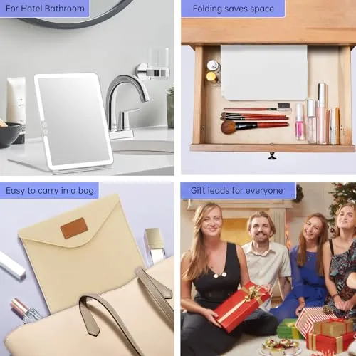 FUNTOUCH Large Rechargeable Travel Makeup Mirror with Light, Portable Makeup Mirror with 10X Magnifying Mirror 3 Lighting Modes, Dimmable Touch Screen, Tabletop Folding Travel Mirror with Storage Bag