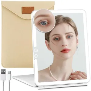 FUNTOUCH Large Rechargeable Travel Makeup Mirror with Light, Portable Makeup Mirror with 10X Magnifying Mirror 3 Lighting Modes, Dimmable Touch Screen, Tabletop Folding Travel Mirror with Storage Bag