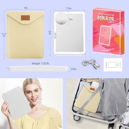 FUNTOUCH Large Rechargeable Travel Makeup Mirror with Light, Portable Makeup Mirror with 10X Magnifying Mirror 3 Lighting Modes, Dimmable Touch Screen, Tabletop Folding Travel Mirror with Storage Bag