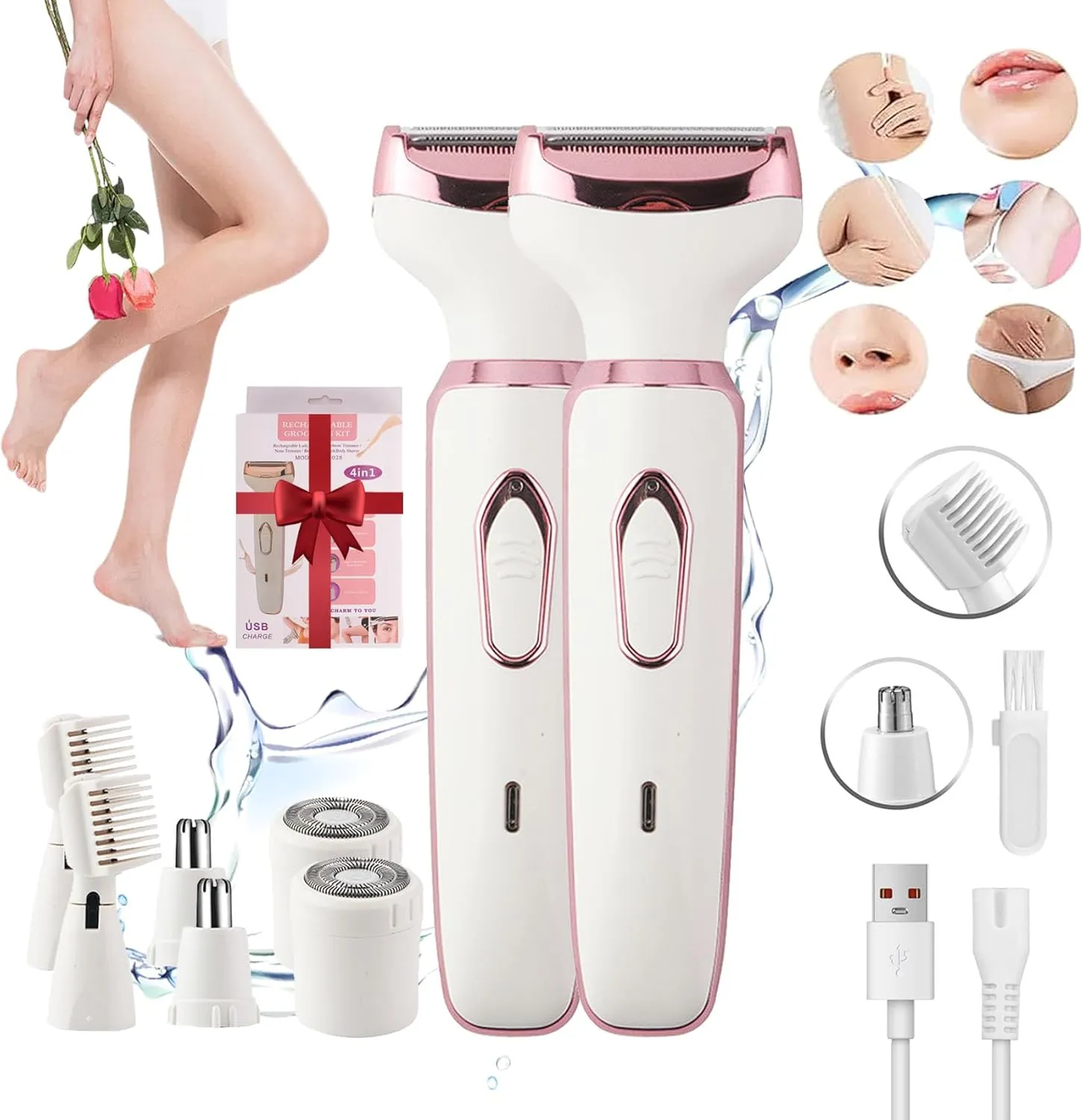 Furnishk Shaver - Comfort 4 in 1 Electric Lady Shaver, Furnishk Razor, Portable Electric Shaver for Women, Bikini Trimmer for Women Pubic Hair Leg Arm Underarm Pubic Area (2 Set)