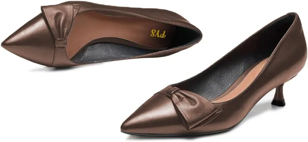 FYS Women Classic Closed Pointed Toe Low Kitten Heel Pumps with Bow Slip on Dress Office Work Daily Shoes Size 4-15 US