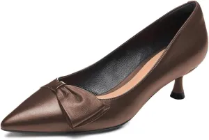 FYS Women Classic Closed Pointed Toe Low Kitten Heel Pumps with Bow Slip on Dress Office Work Daily Shoes Size 4-15 US
