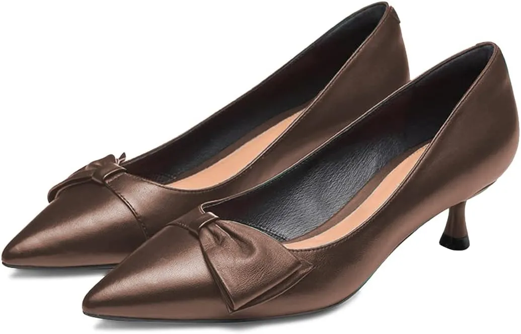 FYS Women Classic Closed Pointed Toe Low Kitten Heel Pumps with Bow Slip on Dress Office Work Daily Shoes Size 4-15 US