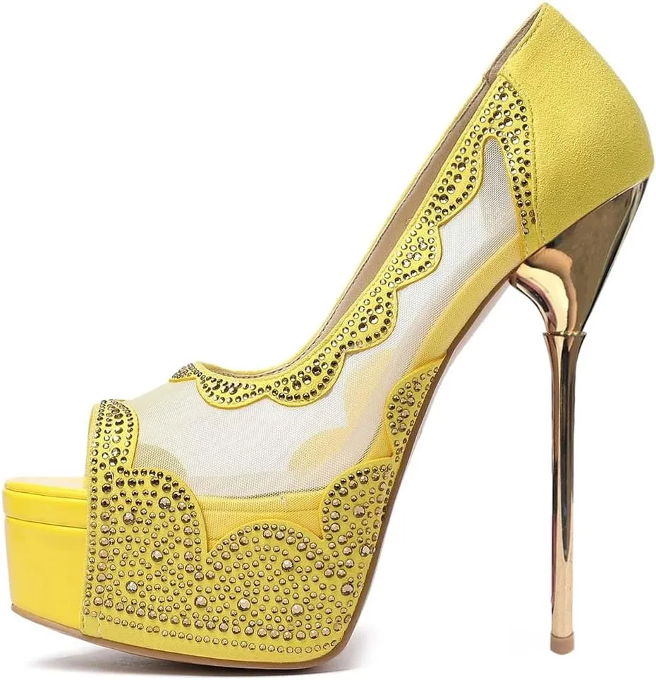 FYS Women Peep Toe Platform Slip On Pumps Rhinestone Studded Sexy Stiletto High Heels Mesh Wedding Dress Party Shoes Size 4-15 US