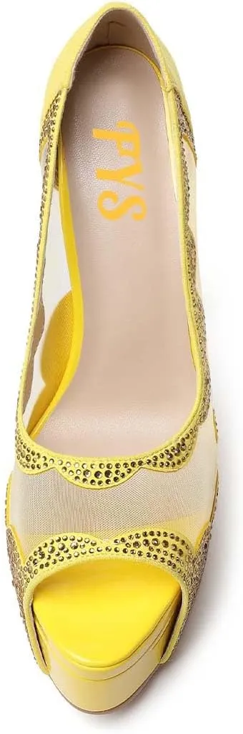 FYS Women Peep Toe Platform Slip On Pumps Rhinestone Studded Sexy Stiletto High Heels Mesh Wedding Dress Party Shoes Size 4-15 US