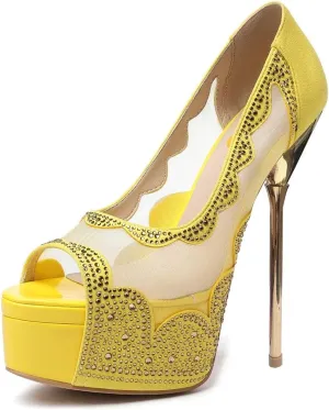 FYS Women Peep Toe Platform Slip On Pumps Rhinestone Studded Sexy Stiletto High Heels Mesh Wedding Dress Party Shoes Size 4-15 US
