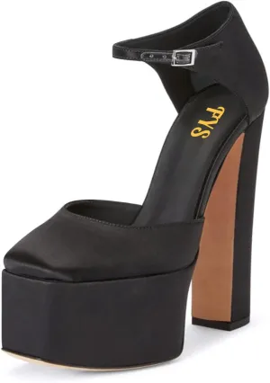 FYS Women Platform Square Toe Pumps Ankle Strap Chunky Block High Heel D'orsays Sexy Party Fashion Show Shoes Size 4-16 US