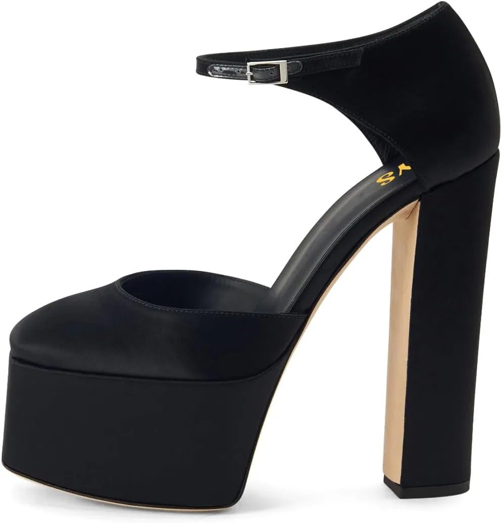 FYS Women Platform Square Toe Pumps Ankle Strap Chunky Block High Heel D'orsays Sexy Party Fashion Show Shoes Size 4-16 US