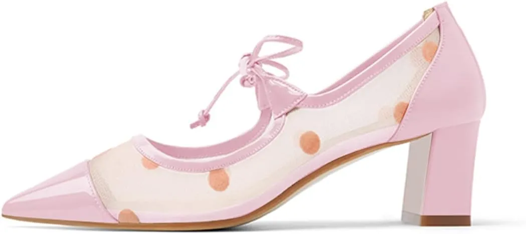 FYS Women Pointed Toe Polka Dots Pumps Self-Tie Bow Block Chunky Mid Heels Sexy Transparent Dressy Prom Shoes Size 4-15 US