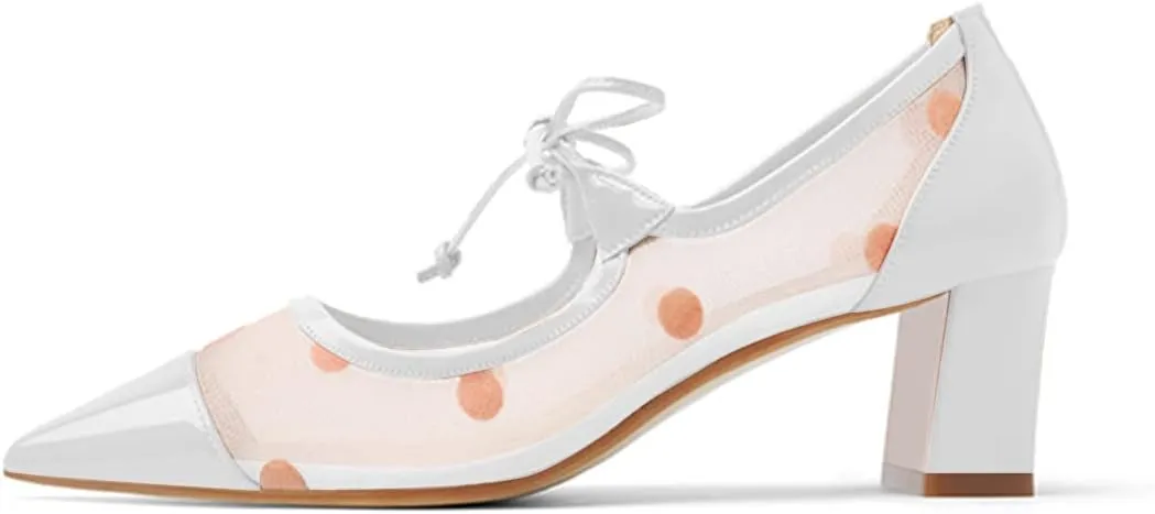 FYS Women Pointed Toe Polka Dots Pumps Self-Tie Bow Block Chunky Mid Heels Sexy Transparent Dressy Prom Shoes Size 4-15 US