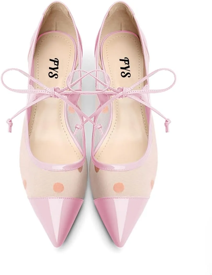 FYS Women Pointed Toe Polka Dots Pumps Self-Tie Bow Block Chunky Mid Heels Sexy Transparent Dressy Prom Shoes Size 4-15 US