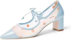 FYS Women Pointed Toe Polka Dots Pumps Self-Tie Bow Block Chunky Mid Heels Sexy Transparent Dressy Prom Shoes Size 4-15 US