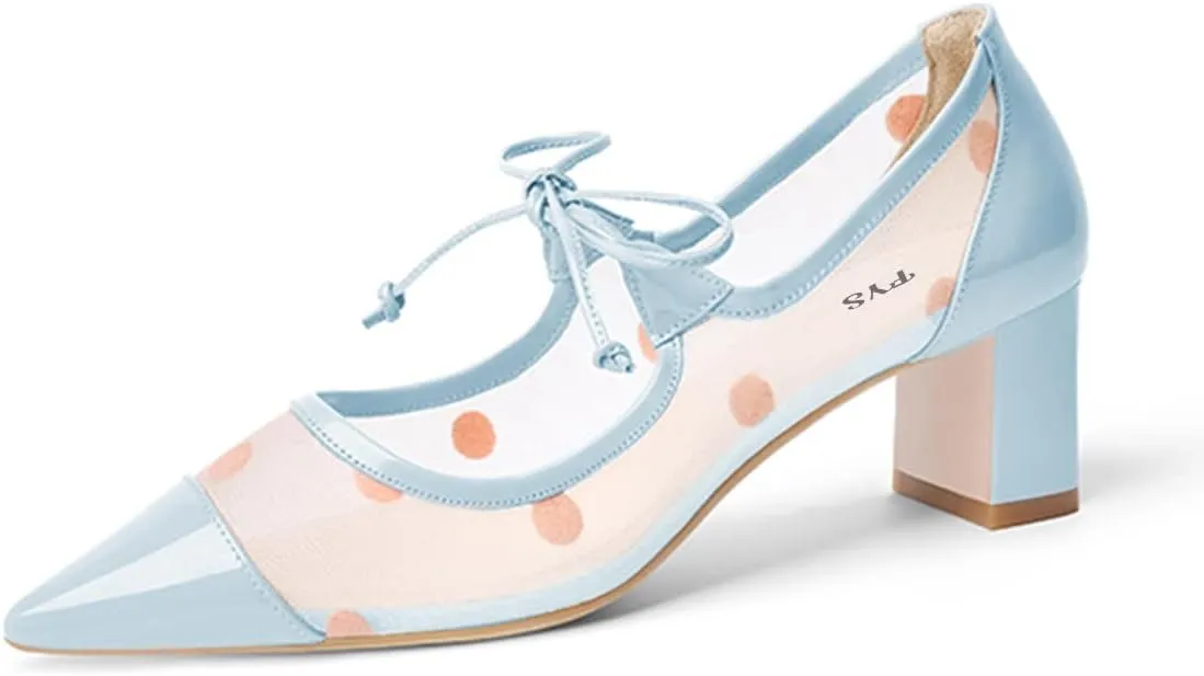 FYS Women Pointed Toe Polka Dots Pumps Self-Tie Bow Block Chunky Mid Heels Sexy Transparent Dressy Prom Shoes Size 4-15 US