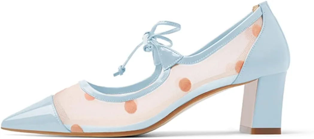 FYS Women Pointed Toe Polka Dots Pumps Self-Tie Bow Block Chunky Mid Heels Sexy Transparent Dressy Prom Shoes Size 4-15 US