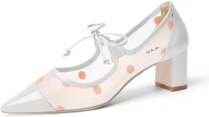 FYS Women Pointed Toe Polka Dots Pumps Self-Tie Bow Block Chunky Mid Heels Sexy Transparent Dressy Prom Shoes Size 4-15 US