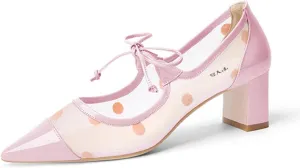 FYS Women Pointed Toe Polka Dots Pumps Self-Tie Bow Block Chunky Mid Heels Sexy Transparent Dressy Prom Shoes Size 4-15 US