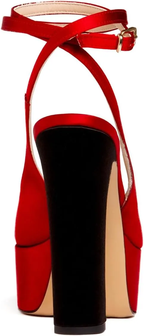 FYS Women Round Cap Toe Pumps Two Tone Platform Chunky High Heels Sexy Lace up Strap Evening Dance Shoes Size 4-16 US