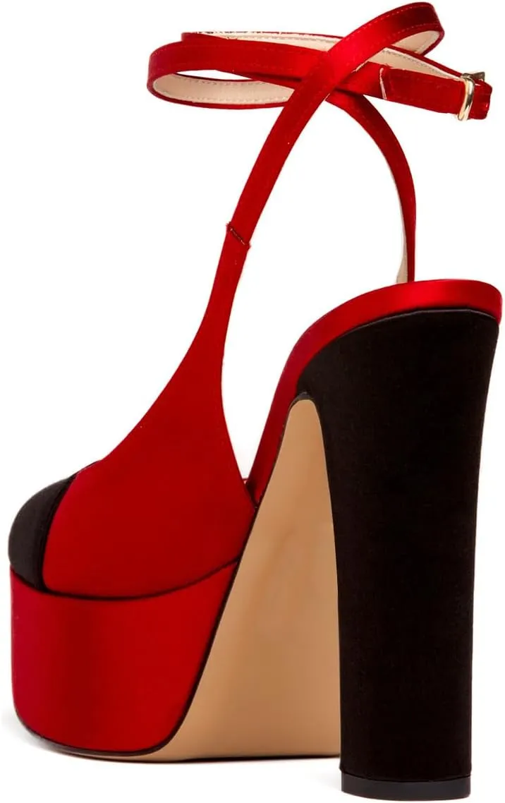 FYS Women Round Cap Toe Pumps Two Tone Platform Chunky High Heels Sexy Lace up Strap Evening Dance Shoes Size 4-16 US