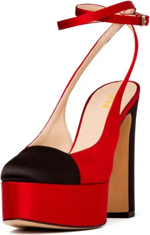 FYS Women Round Cap Toe Pumps Two Tone Platform Chunky High Heels Sexy Lace up Strap Evening Dance Shoes Size 4-16 US