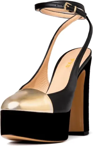 FYS Women Round Cap Toe Pumps Two Tone Platform Chunky High Heels Sexy Lace up Strap Evening Dance Shoes Size 4-16 US