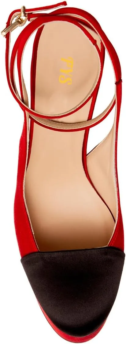 FYS Women Round Cap Toe Pumps Two Tone Platform Chunky High Heels Sexy Lace up Strap Evening Dance Shoes Size 4-16 US
