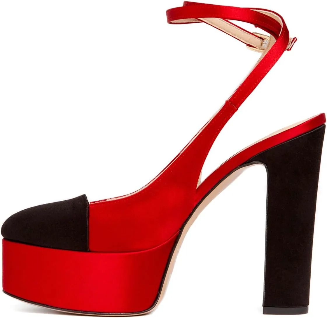 FYS Women Round Cap Toe Pumps Two Tone Platform Chunky High Heels Sexy Lace up Strap Evening Dance Shoes Size 4-16 US