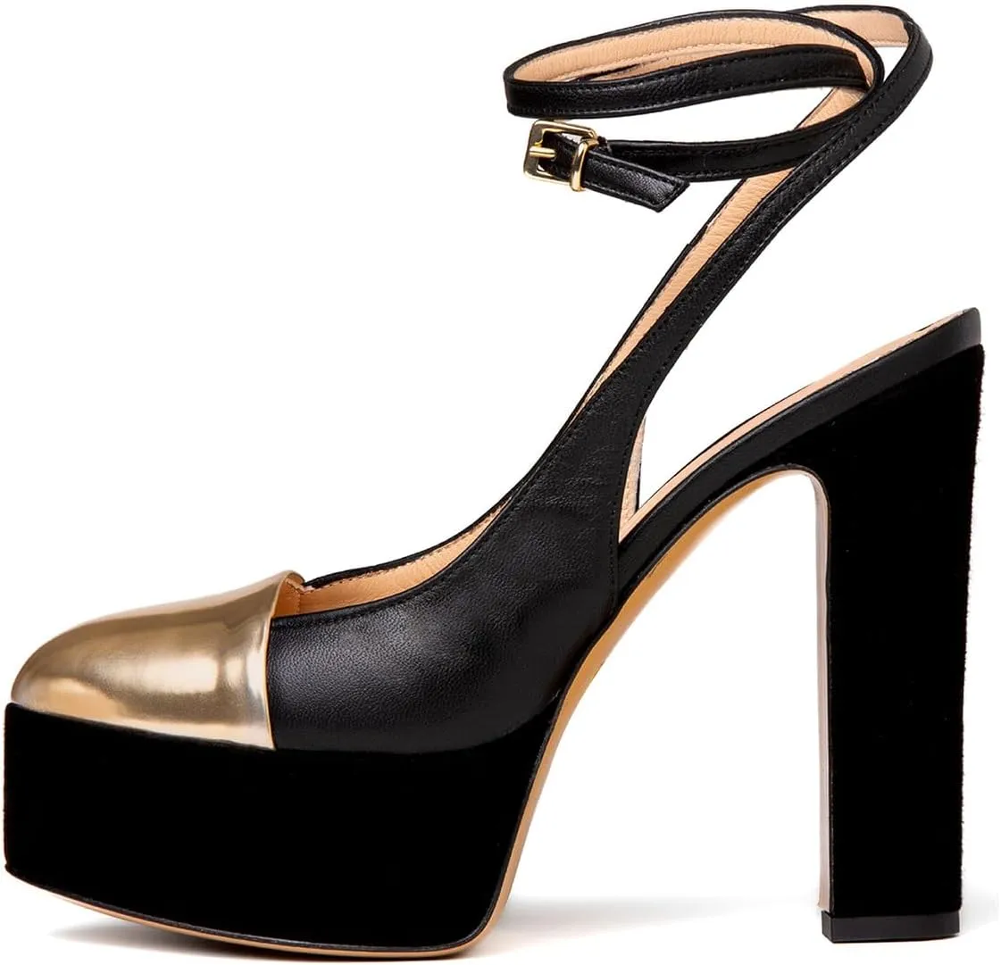 FYS Women Round Cap Toe Pumps Two Tone Platform Chunky High Heels Sexy Lace up Strap Evening Dance Shoes Size 4-16 US
