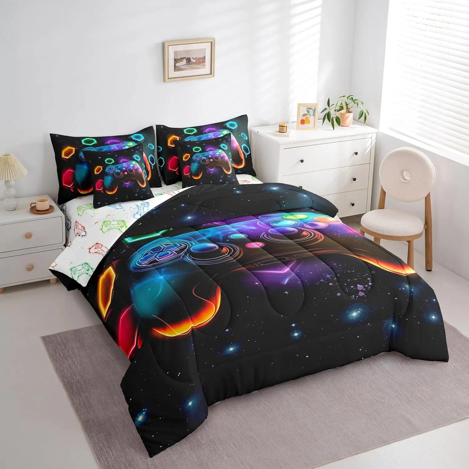 Game Consoles Boys Comforter Sets Twin Bed in a Bag 7 Piece Gamer Gifts,Gaming Twin Comforter Set for Boys Space Geometry Kids Comforter Sets Boys Red Blue Teal,Kids Room Decor Boys Bedroom Decor