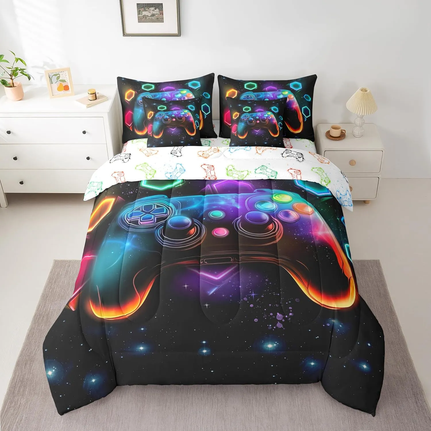 Game Consoles Boys Comforter Sets Twin Bed in a Bag 7 Piece Gamer Gifts,Gaming Twin Comforter Set for Boys Space Geometry Kids Comforter Sets Boys Red Blue Teal,Kids Room Decor Boys Bedroom Decor